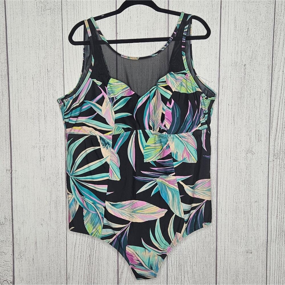 Torrid - Tropical Print & Black Sheer One Piece Swimsuit, sz 4